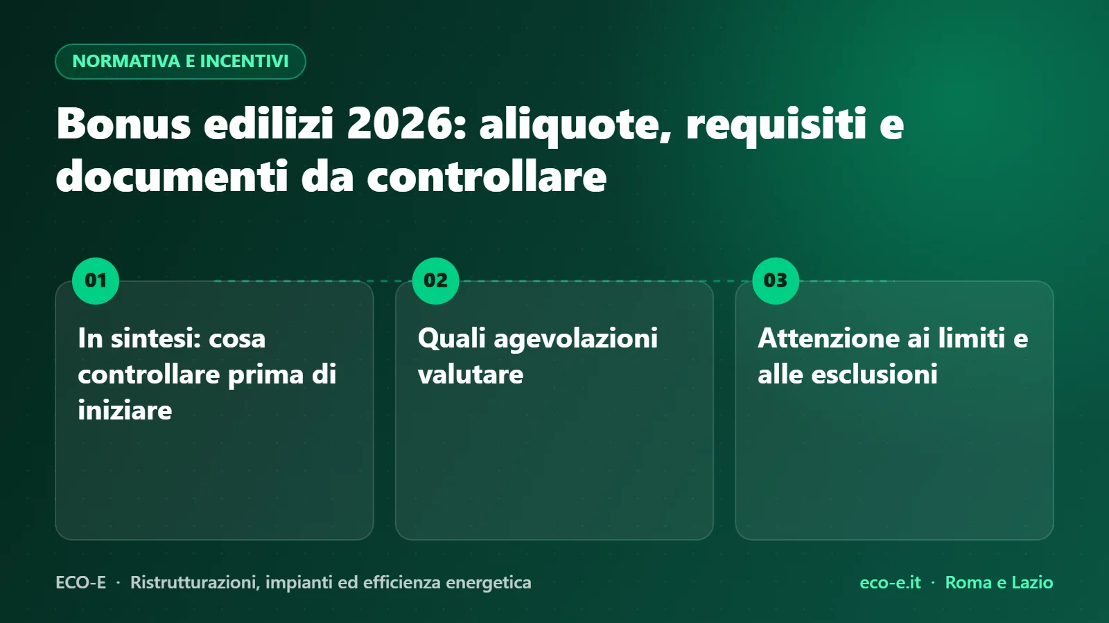 Infografica ECO-E: Bonus edilizi 2026: aliquote, requisiti e documenti da controllare – In sintesi: cosa controllare prima di iniziare, Quali agevolazioni valutare, Attenzione ai limiti e alle esclusioni